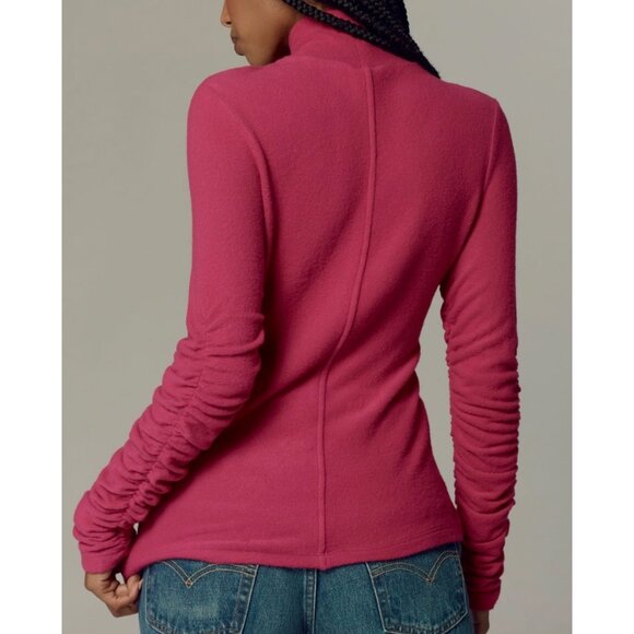 Anthropologie Ruched-Sleeve Turtleneck Top Raspberry Size S Womens Knit Pullover - Picture 2 of 6